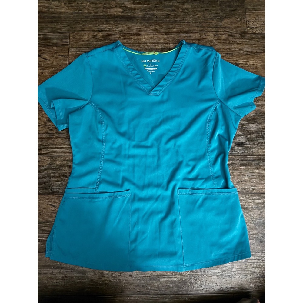 HH WORKS by Healing Hands Teal Scrub Top Short Sleeve Med "Cheers Healing Angel"